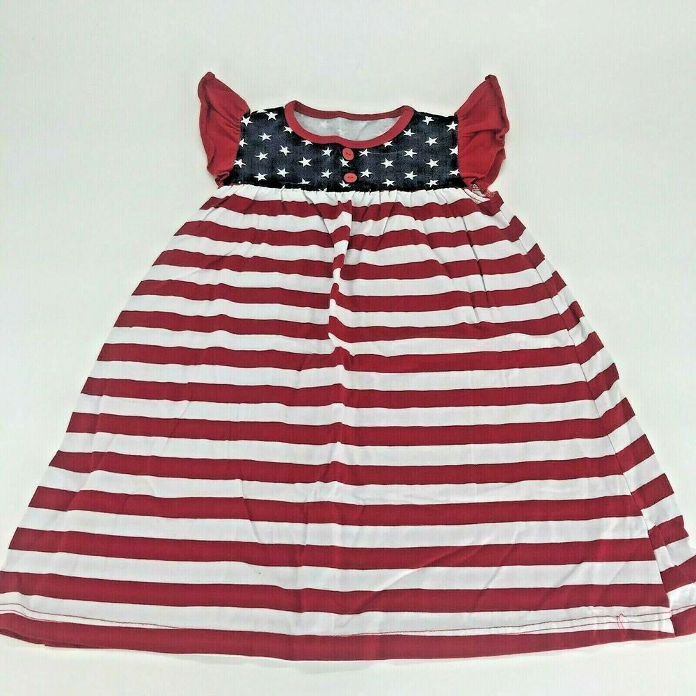 Girls American Flag Long Maxi Dress Red White Blue Striped Short Sleeve Ruffle